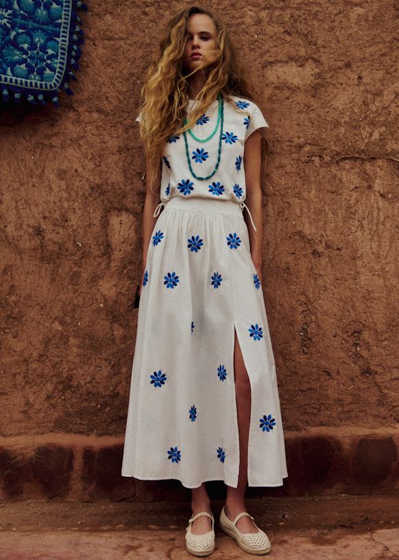 Jocasta Blouse - Ecru With Contrasting Columbine Blue Embroidery - Organic Cotton - S&amp;eacute;zane