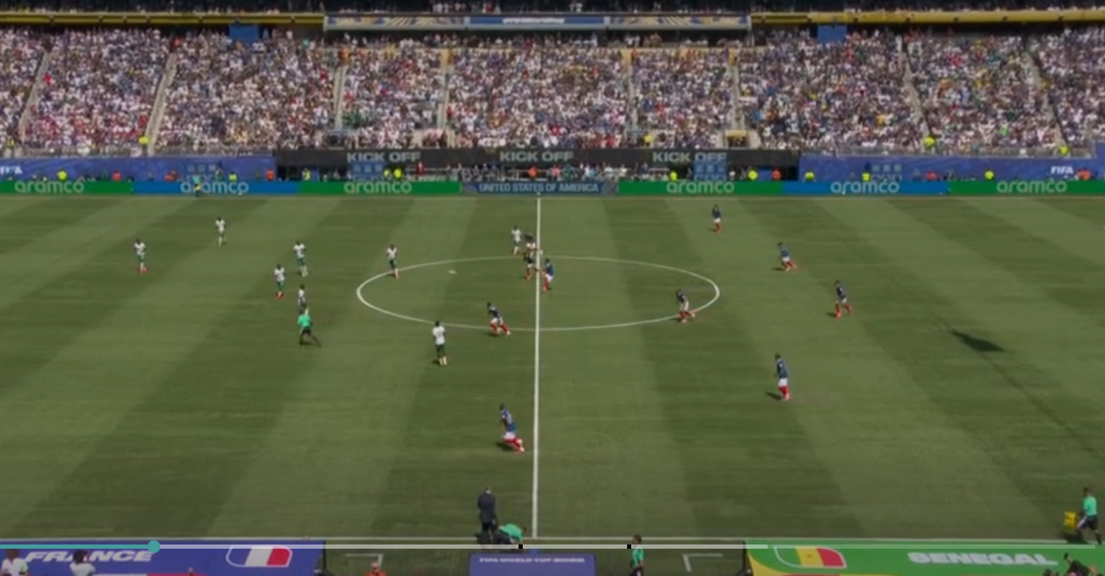 France kick the ball straight out of play at kick-off in their 2026 World Cup Group I match against Senegal in New Jersey