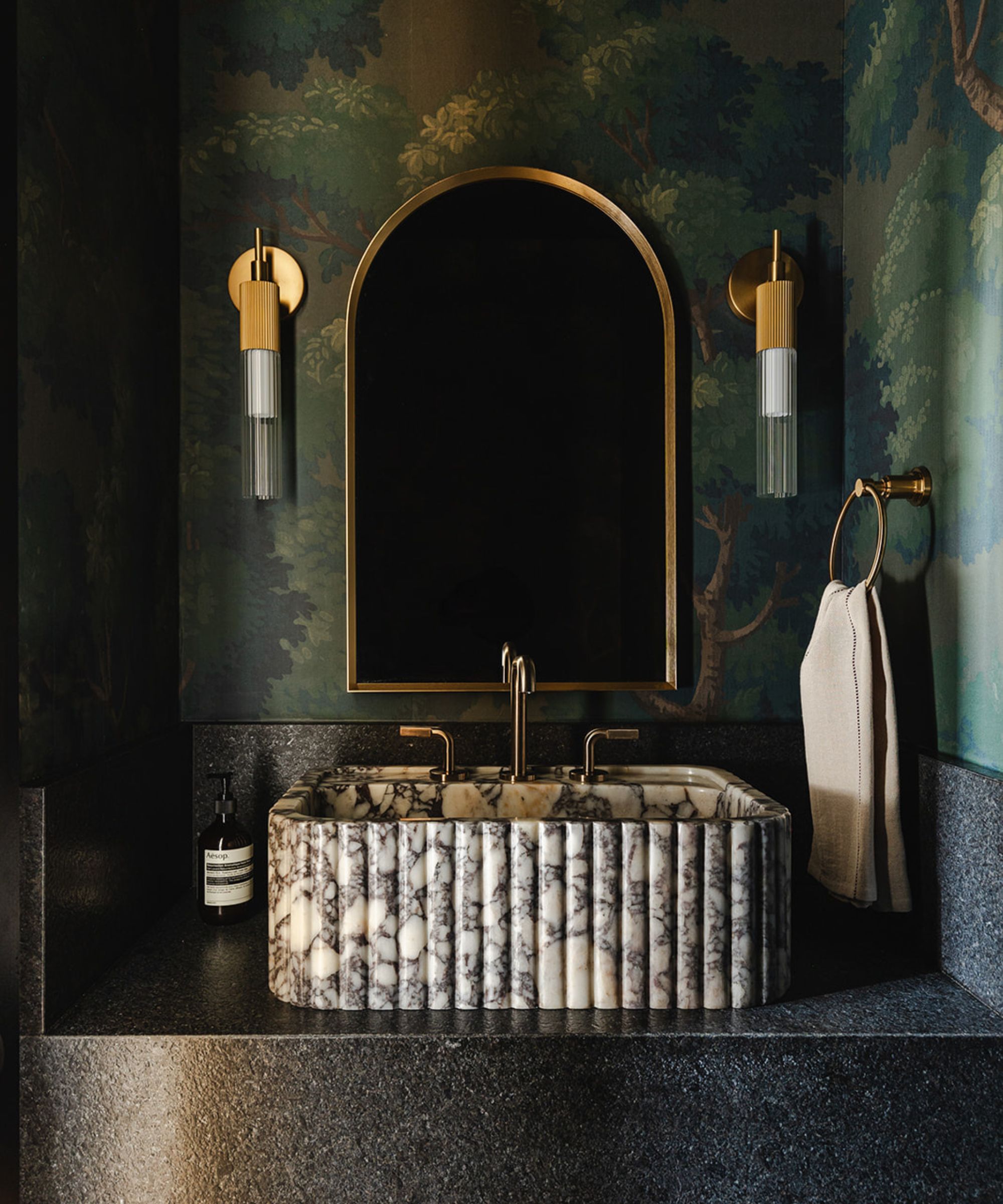A moody powder room with a botanical mural wallpaper, a black shelf with a marble sink on top, and brass accents