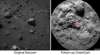 NASA's Curiosity Mars rover autonomously selects some targets for its laser-blasting ChemCam instrument. For example, onboard software analyzed the image at left, chose the target indicated with a yellow dot and pointed ChemCam for laser shots and the image at right.