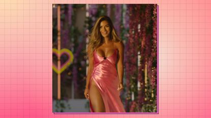 Love Island's Ekin-Su Culculoglu walking out of the villa at golden hour wearing a pink satin dress