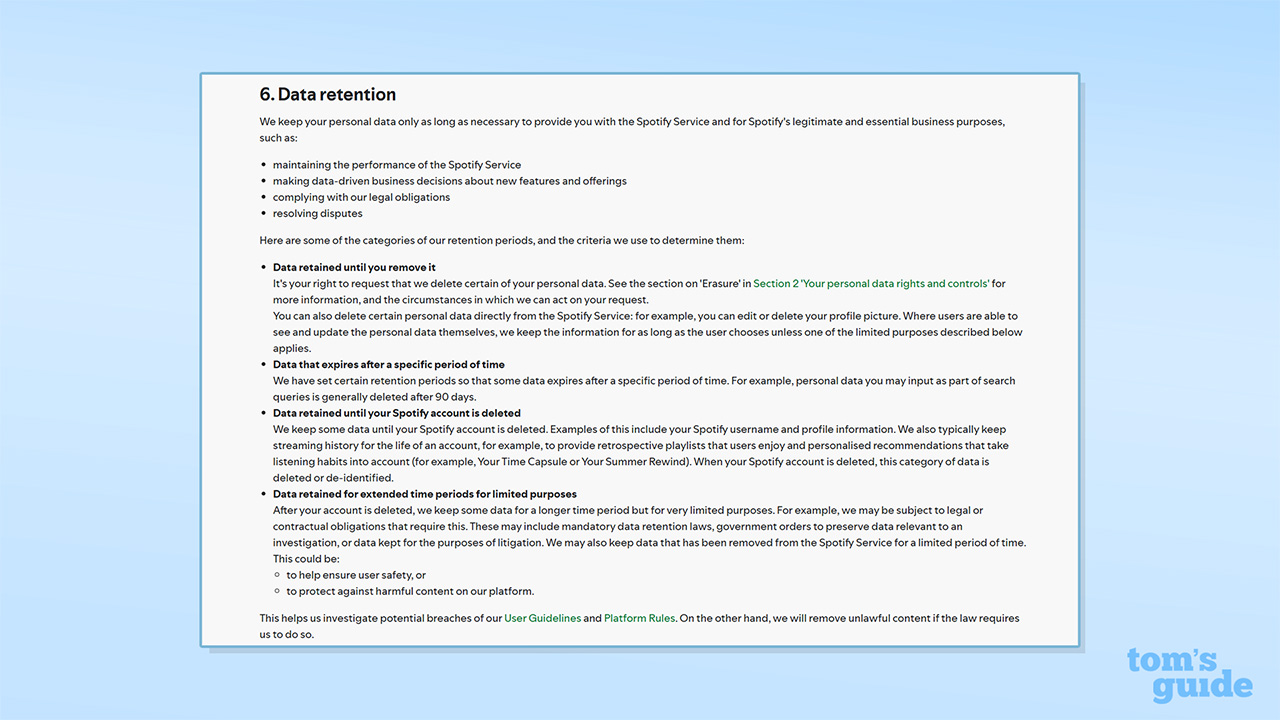 Screenshot der Spotify-Datenschutzrichtlinie zur Datenaufbewahrung