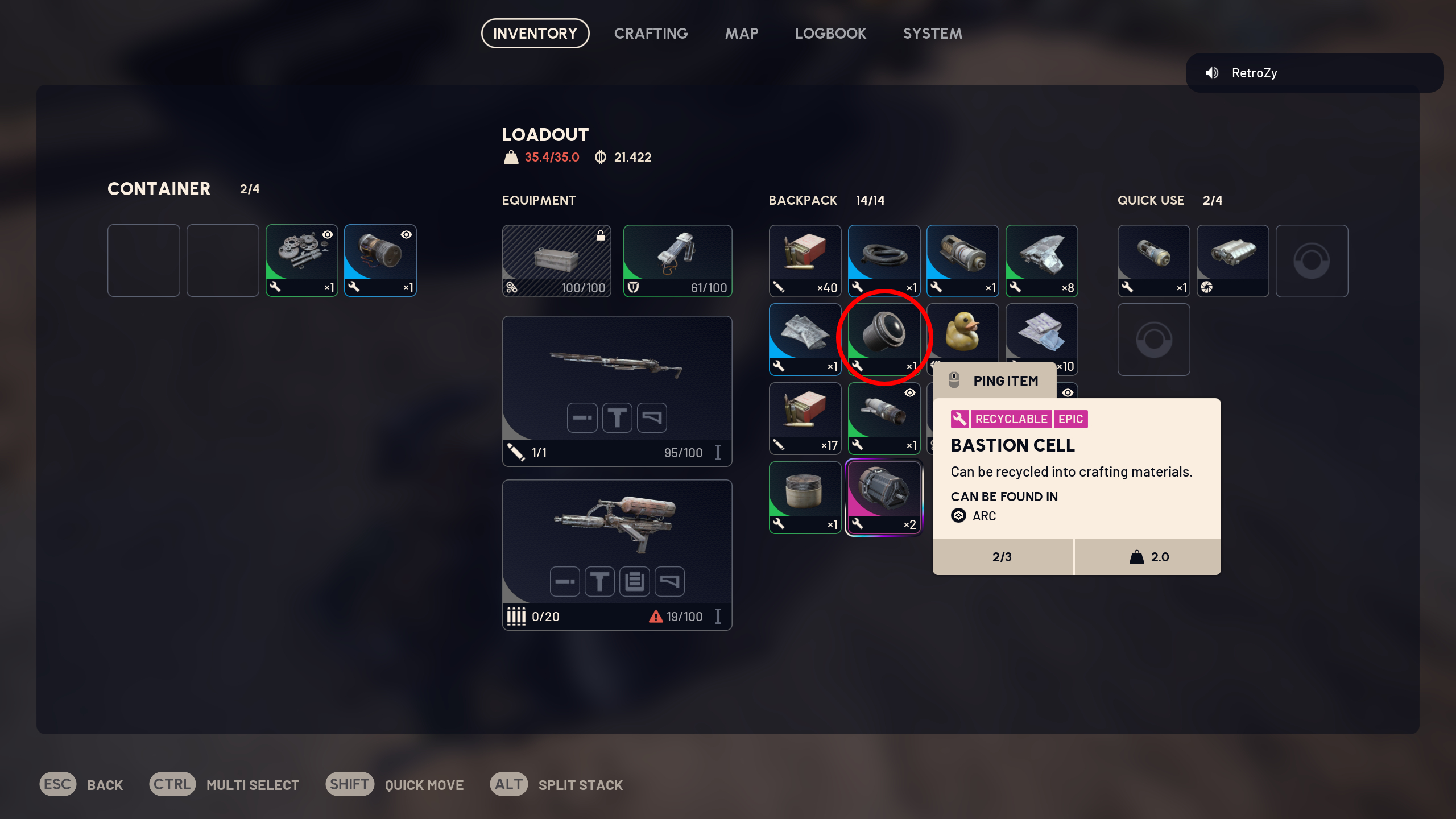 Arc Raiders Camera Lens: A Camera Lens in a player's inventory after looting a container, with a Bastion Cell currently behind inspecting.