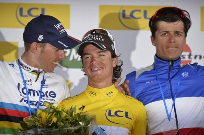 The final podium in Paris-Nice 2014: Rui Costa, Carlos Betancur and Arthur Vichot