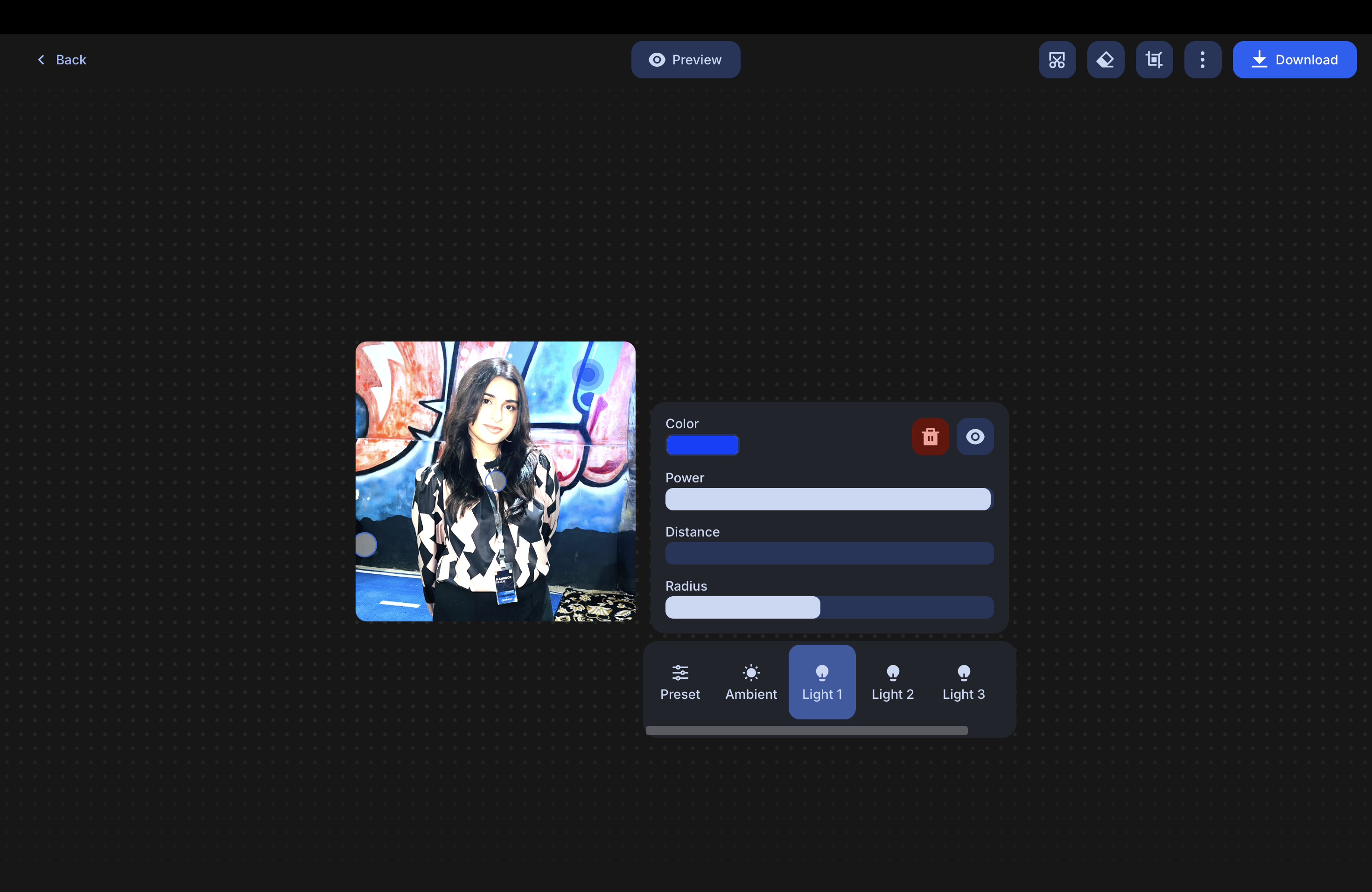 Clipdrop Relight tool editing interface displayed including color, power, distance, and radius slider.