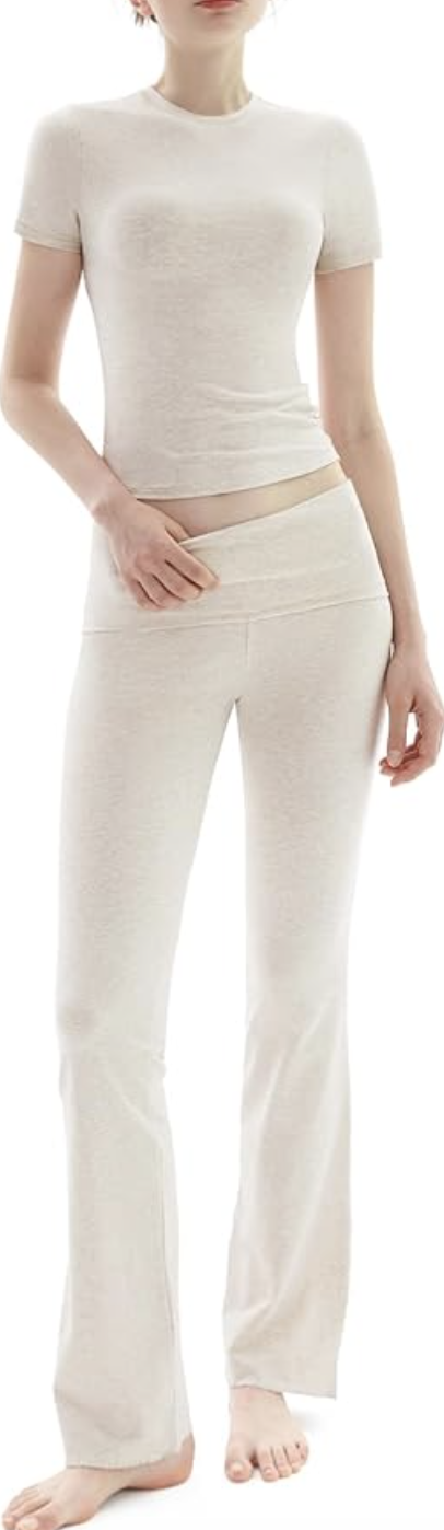 PUMIEY, Two Piece Sets Fold-Over Flare Pants Crew Neck Short Sleeve T-Shirt