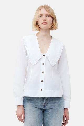 Cotton Poplin V-Neck Frill Collar Shirt