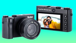 Rollei Powerflex X8 product images (front and back) on a green to blue gradient