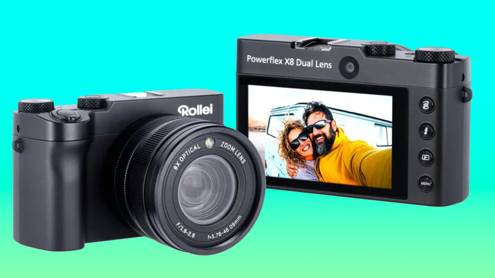 Rollei Powerflex X8 product images (front and back) on a green to blue gradient 
