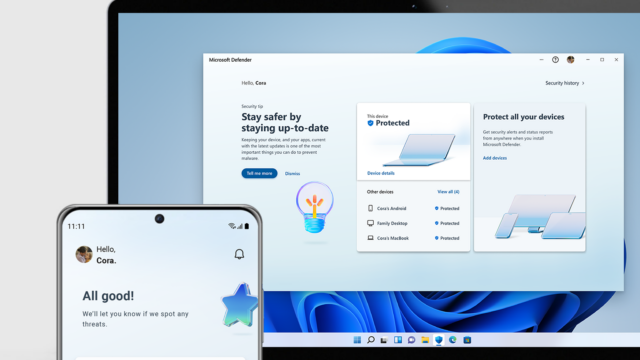 The Windows Defender for Individuals interface on laptop and phone