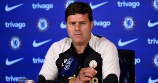 Chelsea manager Mauricio Pochettino during a press conference at Chelsea Training Ground on September 22, 2023 in Cobham, England.