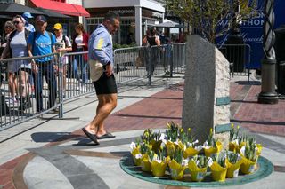 A 2023 Boston Marathon runner visits the Boston Marathon Bombing Memorial at 671 Boylston Street, the location of the first attack of the 2013 Boston Marathon bombing, on April 14, 2023 on Boylston Street, in Boston, MA. 