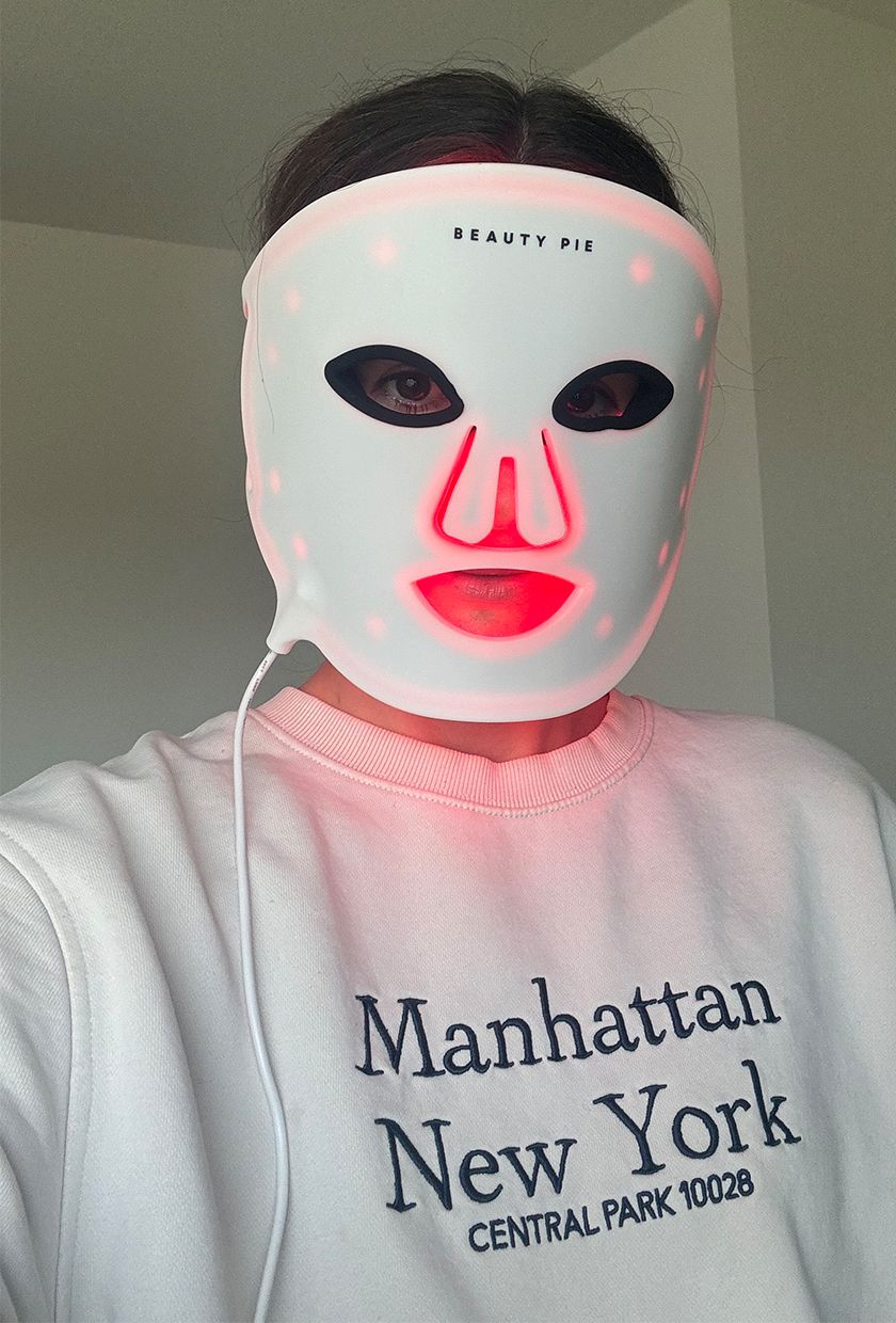Beauty editor Eleanor Vousden wearing Beauty Pie LED mask