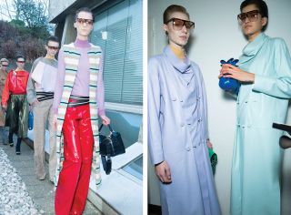 2 individual images with Female models dressed in the Loewe A/W 2015 backstage of the fashion show