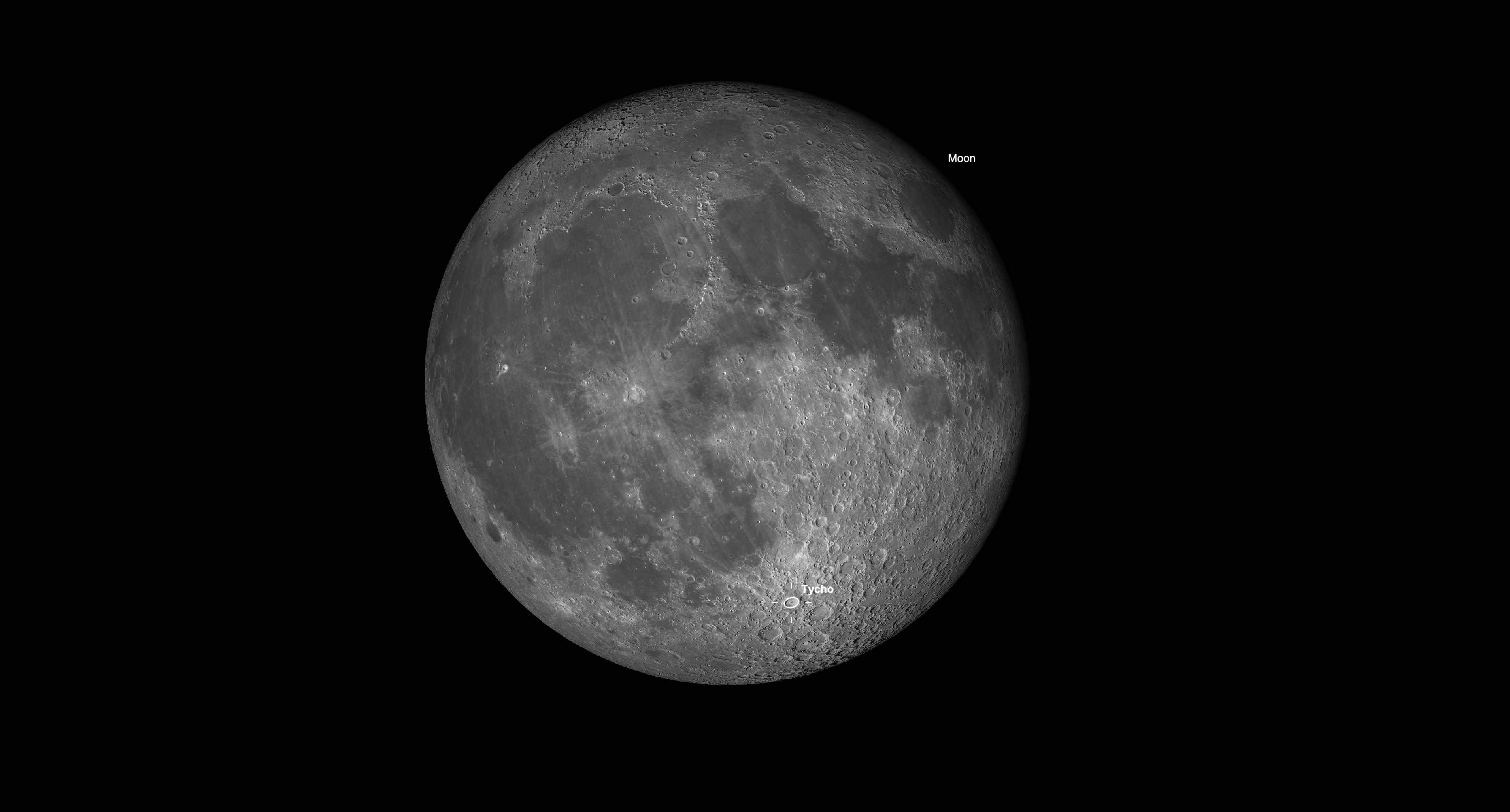 Full moon image highlighting Tycho crater and its bright ray system.