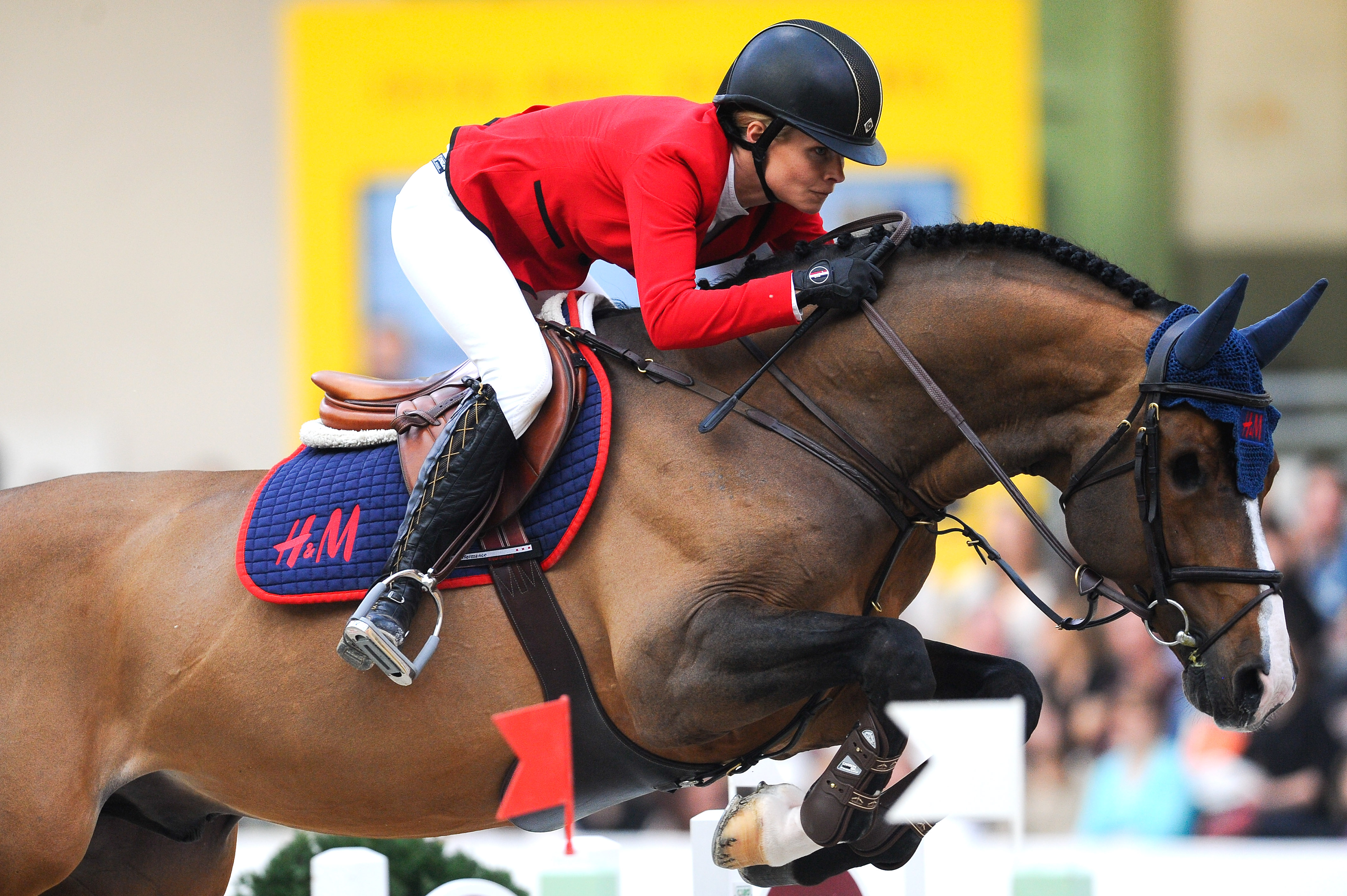 Malin Baryard-Johnsson riding the famous one-eyed horse H&amp;amp;M Tornesch on the first day of the Grand Prix Hermes of Paris in 2014