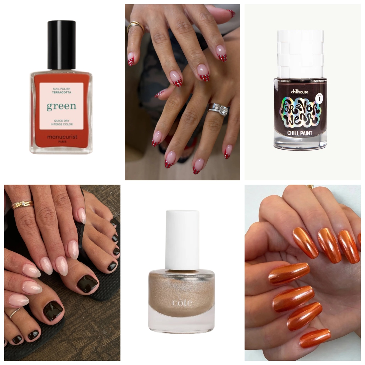Collage of nail inspiration with red studded French tips, pale pink nails with dark toes, orange chrome nails, and three nail polish bottles