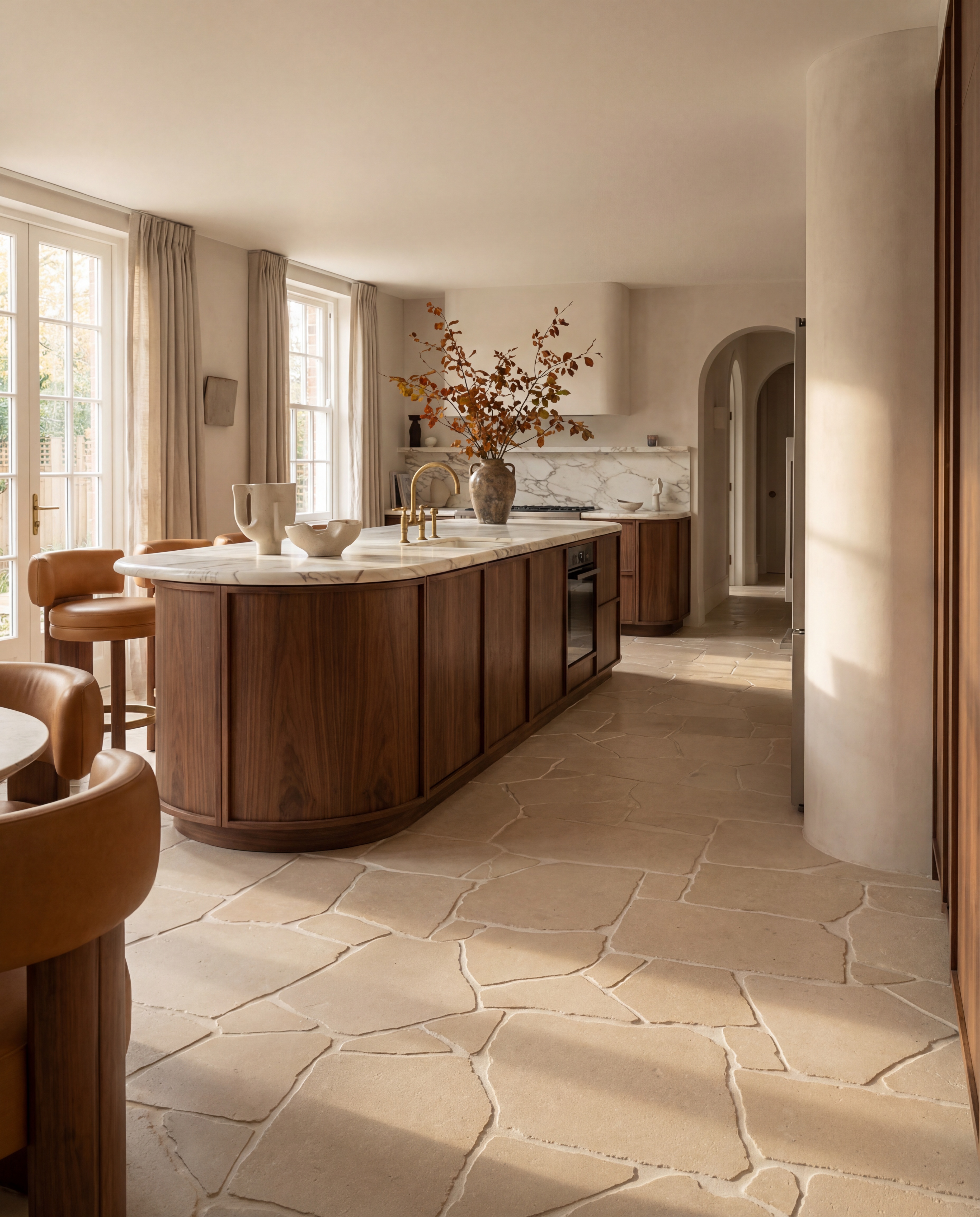 tumbled cream stone flooring with a wooden curved island