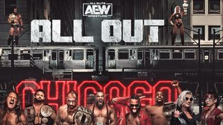 The logo and poster art for All Elite Wrestling All Out 2022, featuring Jon Moxley, Toni Storm, Jade Cargill, and other stars along a black and white photo of Chicago