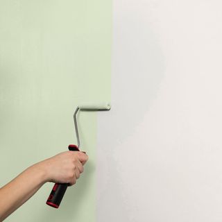 green painting white wall with paint roller