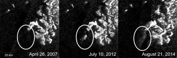 These three images, created from radar data collected by NASA's Cassini spacecraft, show the evolution of a strange feature in Ligeia Mare, one of the largest hydrocarbon seas on Saturn's giant moon Titan.