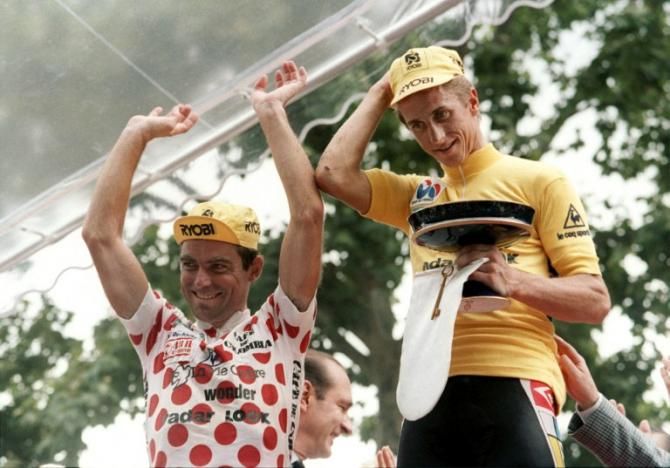 Frenchman Bernard Hinault was consoled with the polka dot jersey after conceding the 1986 Tour to Greg Lemond