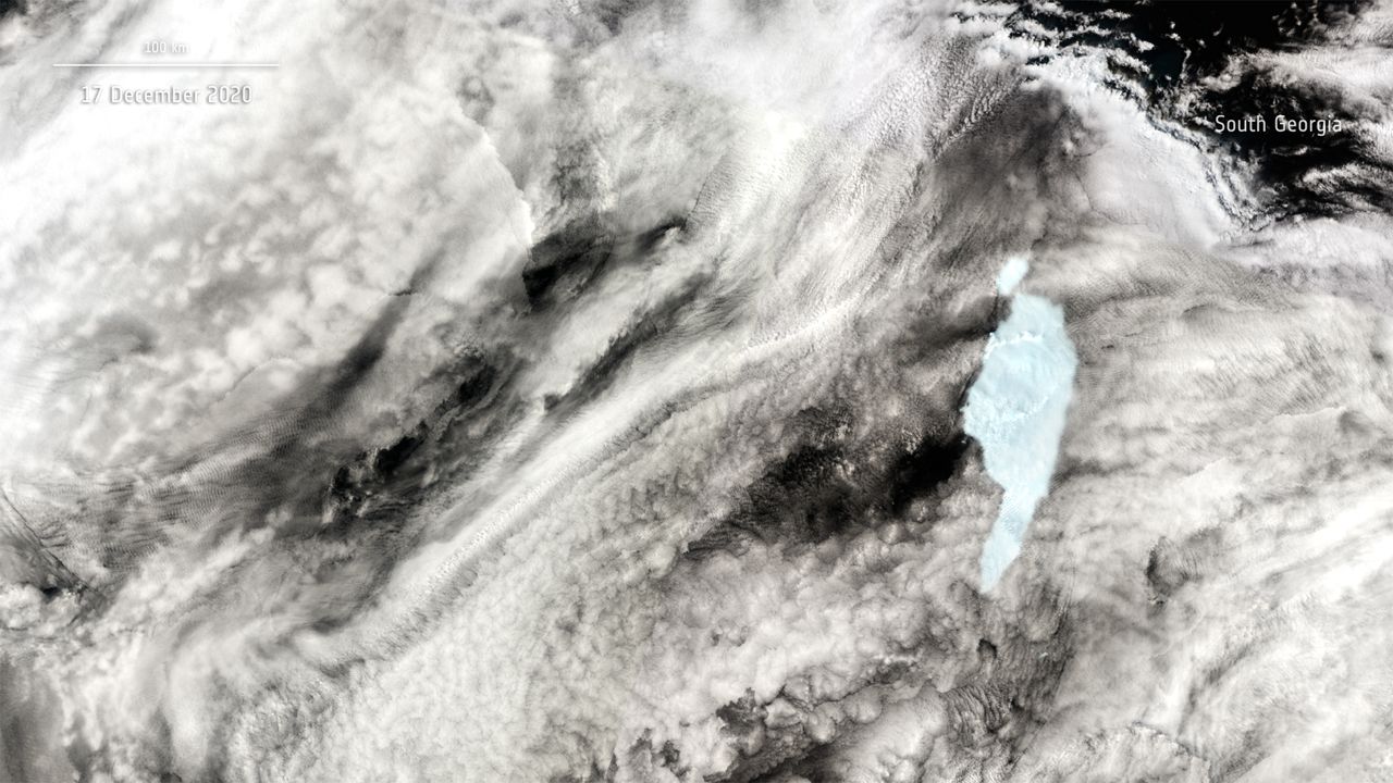 A Dec. 17 image shows A-68a after its big split, likely due to a collision with shallow seabed off the shore of South Georgia.