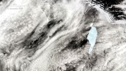 A Dec. 17 image shows A-68a after its big split, likely due to a collision with shallow seabed off the shore of South Georgia.