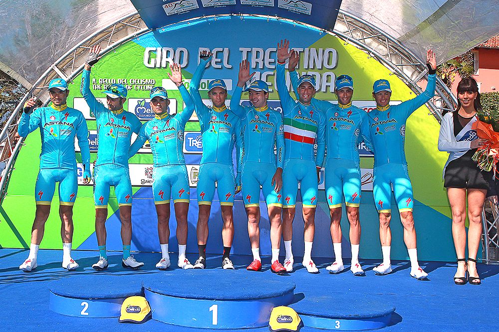 Astana on the podium after their team time trial win at Giro del Trentino