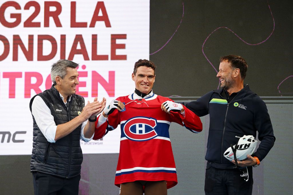 MONTREAL QUEBEC SEPTEMBER 10 Greg Van Avermaet of Belgium and Ag2R Citron Team receives a Canadiens de Montral NHL Tshirt prior to the 12th Grand Prix Cycliste de Montreal 2023 a 2214km one day race from Montreal to Montreal UCIWT on September 10 2023 in Montreal Quebec Photo by Dario BelingheriGetty Images