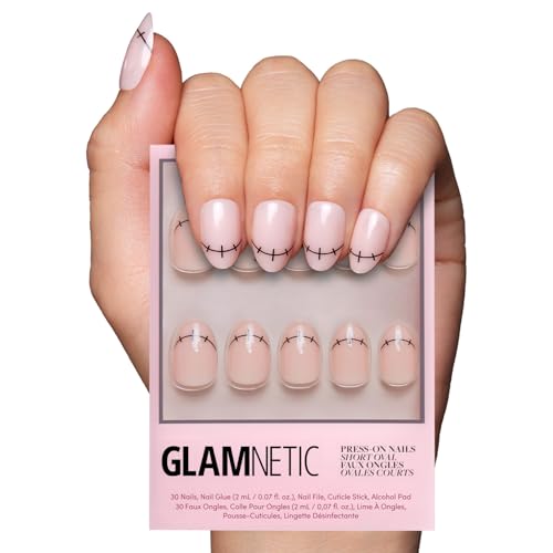 Glamnetic Press on Nails - Frankenbabe | Semi-Transparent Stitched Tip Graphic Short Oval Fake Halloween Nails, Salon Quality | 15 Sizes - 30 Nail Kit