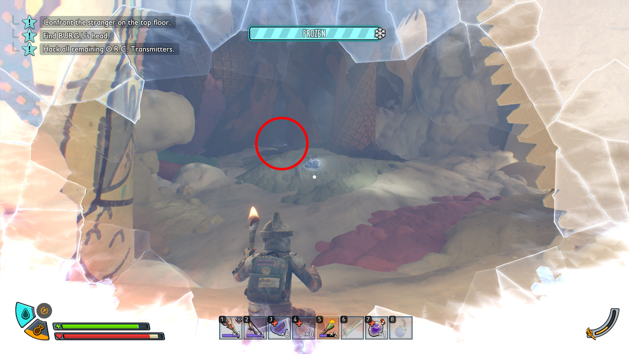 Grounded 2 Frostbitten Key: A character freezing inside a cave, with a red circle highlighting a path ahead.
