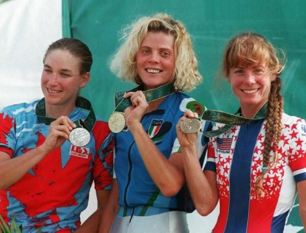 1996 Olympic mountain bike race elite women's podium: Alison Sydor (Canada), Paola Pezzo (Italy), Susan DeMattei (United States)