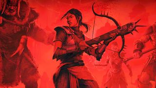 Diablo 4 screenshot of loading screen with illustration of vampire hunter Erys holding crossbow with a red background