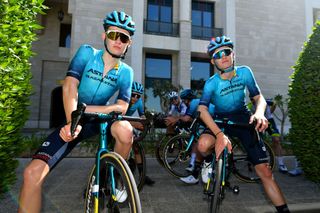 QURAYYAT OMAN FEBRUARY 12 LR Alexandre Vinokourov of Kazahkstan and Nicolas Vinokourov of Kazahkstan and Astana Qazaqstan Development Team prior to the 11th Tour Of Oman 2022 Stage 3 a 180km stage from Sultan Qaboos University to Qurayyat 240m TourofOman on February 12 2022 in Qurayyat Oman Photo by Dario BelingheriGetty Images