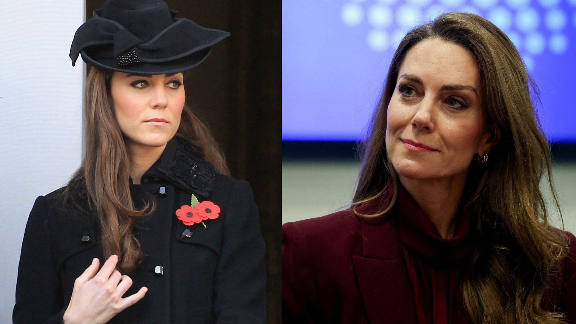 Princess Kate wearing a black hat and coat in 2011; Princess Kate wearing a burgundy suit and smiling in 2026