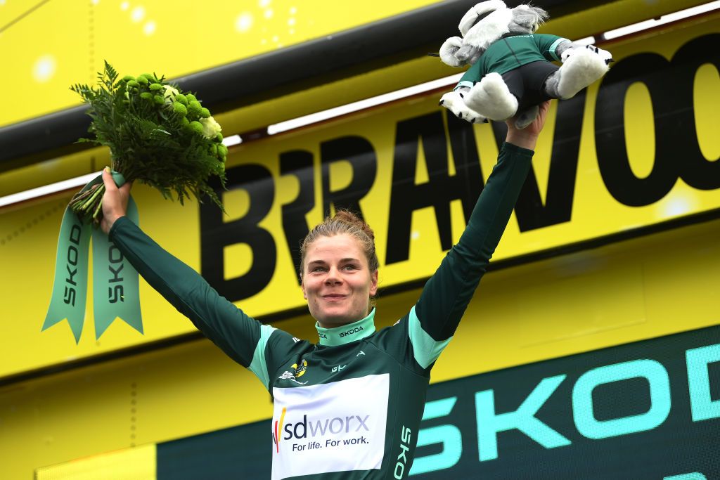 MAURIAC FRANCE JULY 24 Lotte Kopecky of Belgium and Team SD Worx Protime celebrates at podium as Green points jersey winner during the 2nd Tour de France Femmes 2023 Stage 2 a 1517km stage from ClermontFerrand to Mauriac UCIWWT on July 24 2023 in Mauriac France Photo by Alex BroadwayGetty Images