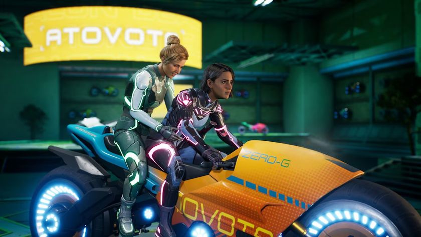 Mio and Zoe jump onto a cyberpunk style motorbike in Split Fiction