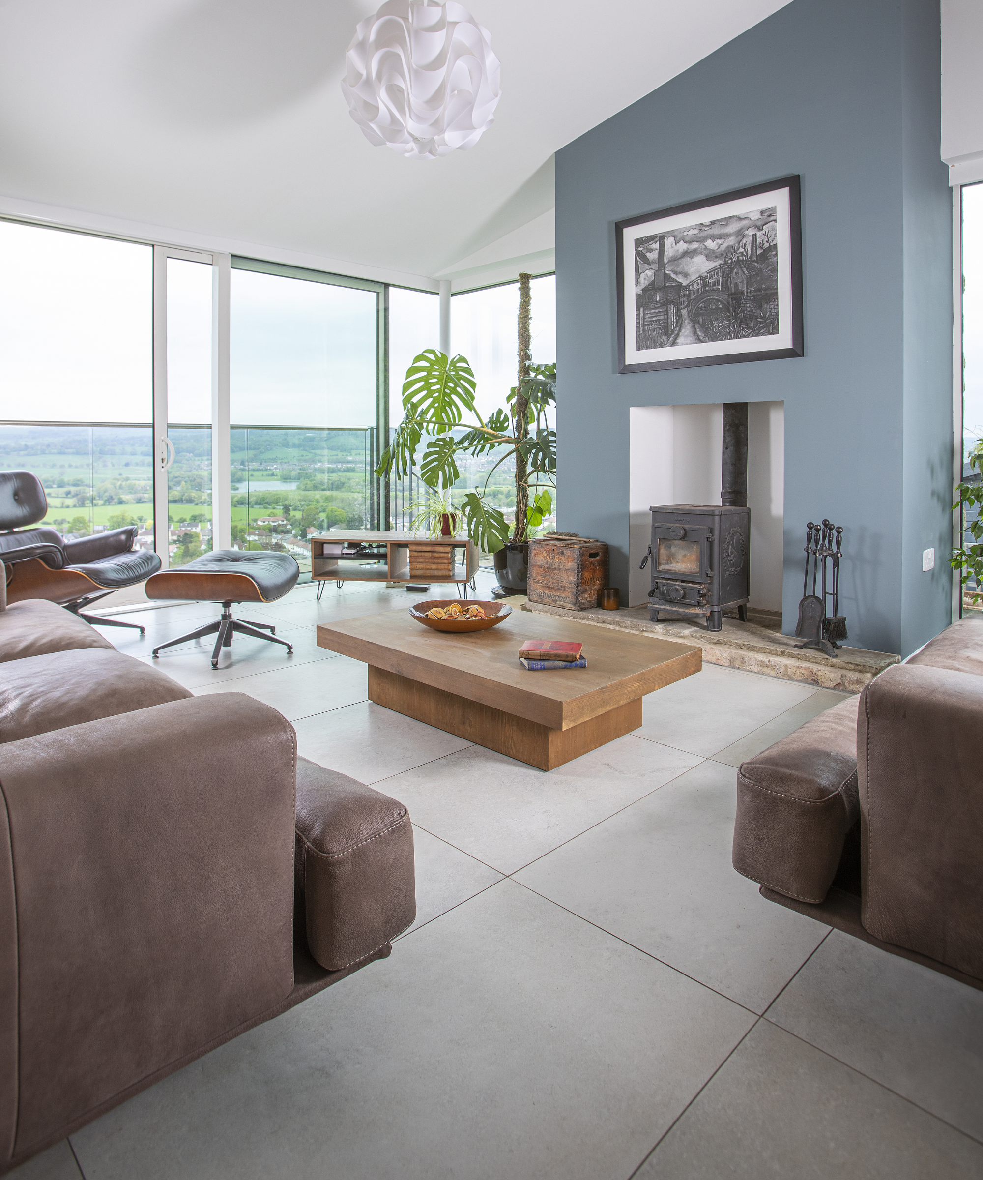 living room with large tiles
