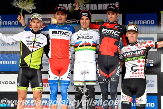 Elite men's Nove Mesto World Cup podium: Thomas Litscher, Julien Absaon, Nino Schurter, Lukas Flueckiger, Max Plaxton
