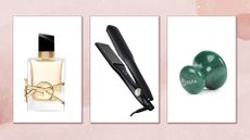 YSL Libre, ghd Max and Espa eye massager on a pink background