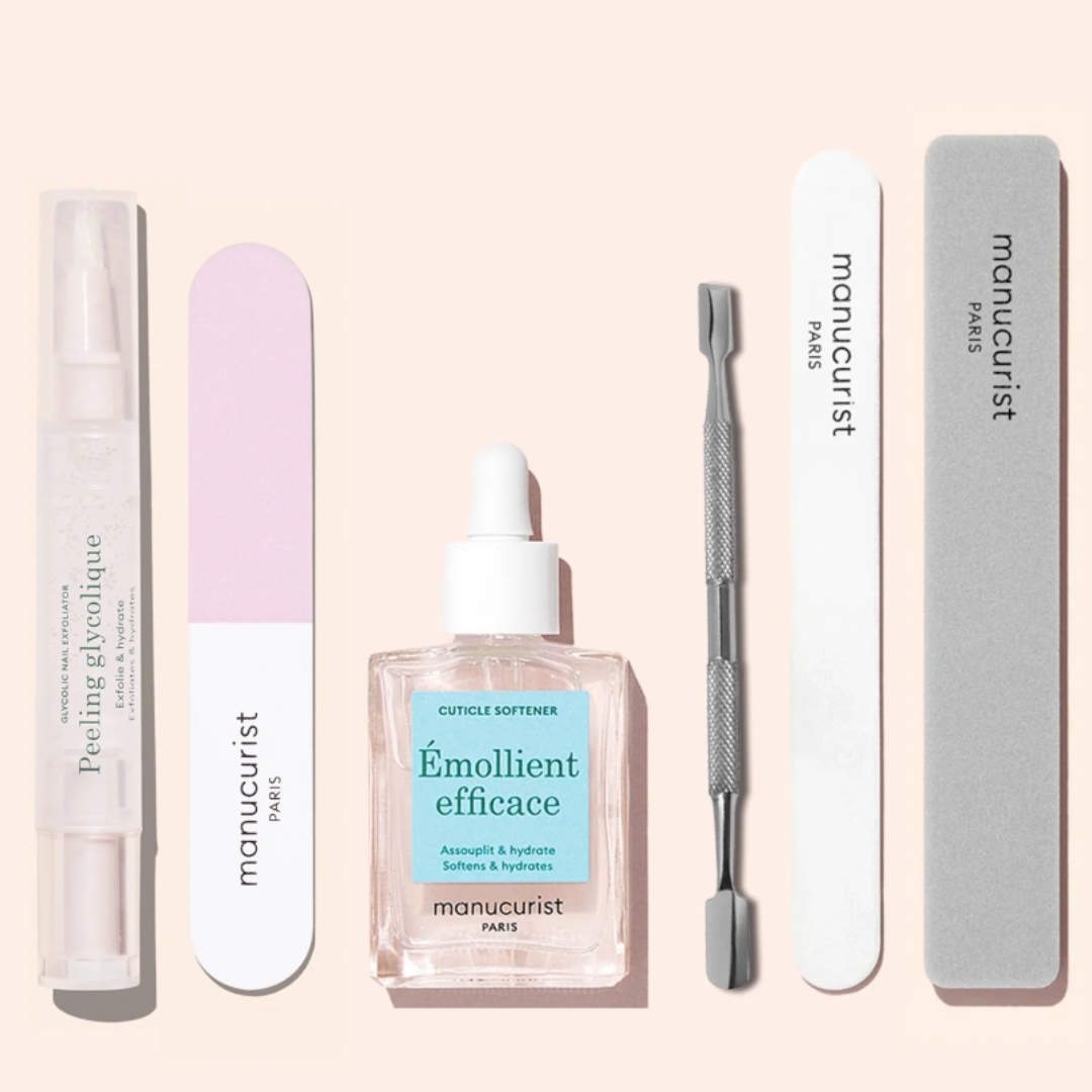 A product shot of the Manucurist Prep &amp;amp; Glow Routine, which features nail files, buffers and cuticle-care products, on a cream background