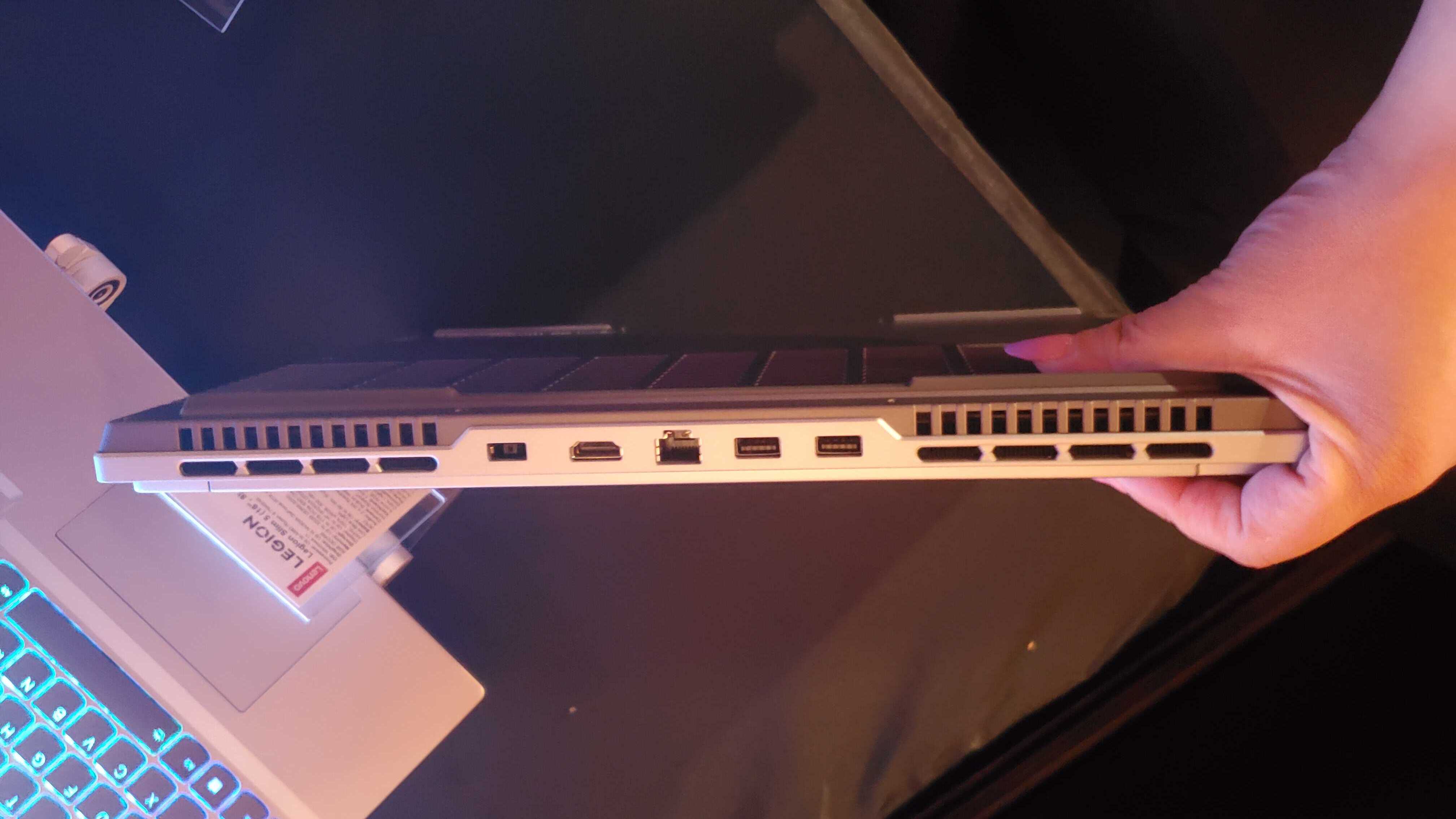 silver gaming laptop back view