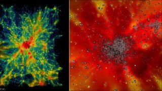 Side by side images show a splotch of green and blue in a black canvas with a red center, and a red yellow canvas on the right, with dark granules scattered around.