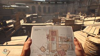 A first-person view of a map in a journal in Indiana Jones and the Great Circle