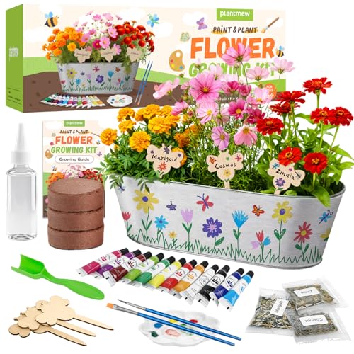 Plantmew Paint &amp;amp; Plant Flower Growing Kit for Kids - Fun Kids Gardening Set - Unique Birthday, Crafts &amp;amp; Arts, Gardening Gifts for Girls &amp;amp; Boys, Ages 5, 6, 7, 8-12 Years Old, Easter Gifts for Girls