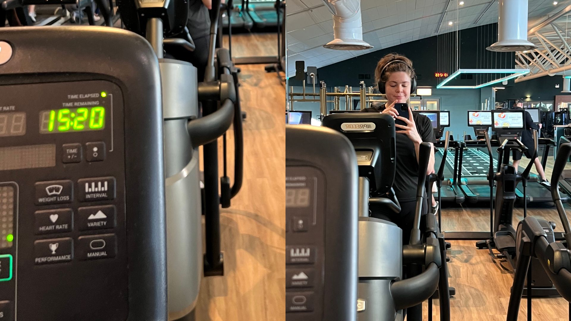 Grace Walsh seeing benefits of a cross trainer, standing on machine in the gym