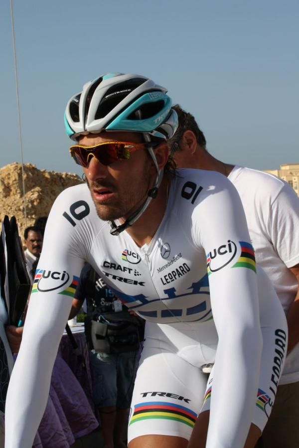 Cancellara in his Leopard Trek world time trial champion's skinsuit