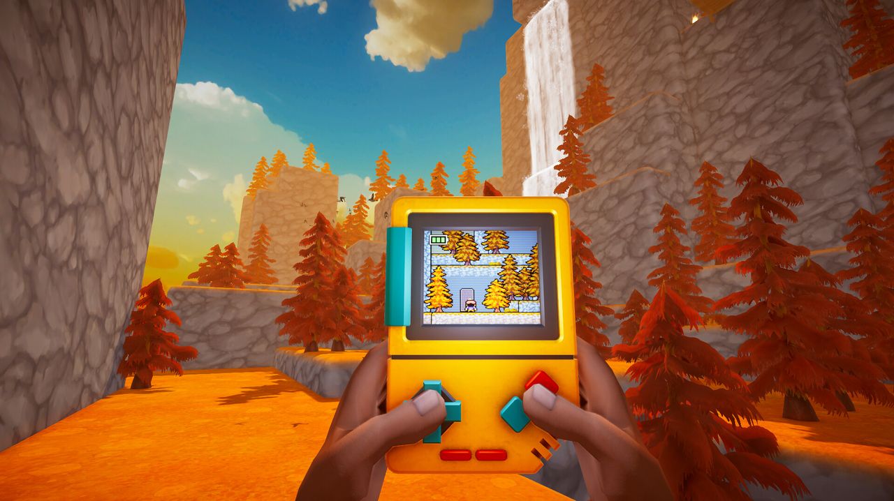 Screenbound gameplay with game boy held up to screen showing 2d platformer in foreground, 3d in background