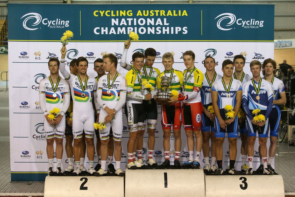 The men's team pursuit podium at the 2015 Australian track nationals